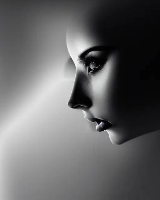 Image similar to black and white high quality photo of a beautiful female human-cyborg looking into a sci-fi mirror, volumetric lighting, liminal space, brutalism, foggy, dreamy, hyperdetailed, bokeh, photorealistic, cinematic, masterpiece, Metropolis, elegant, dark, octane render, 8K, in the style of Man Ray