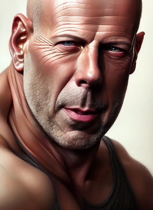 Image similar to Portrait of Bruce Willis, D&D, muscular, fantasy, intricate, elegant, highly detailed, digital painting, artstation, concept art, smooth, sharp focus, illustration, art by artgerm and greg rutkowski and alphonse mucha