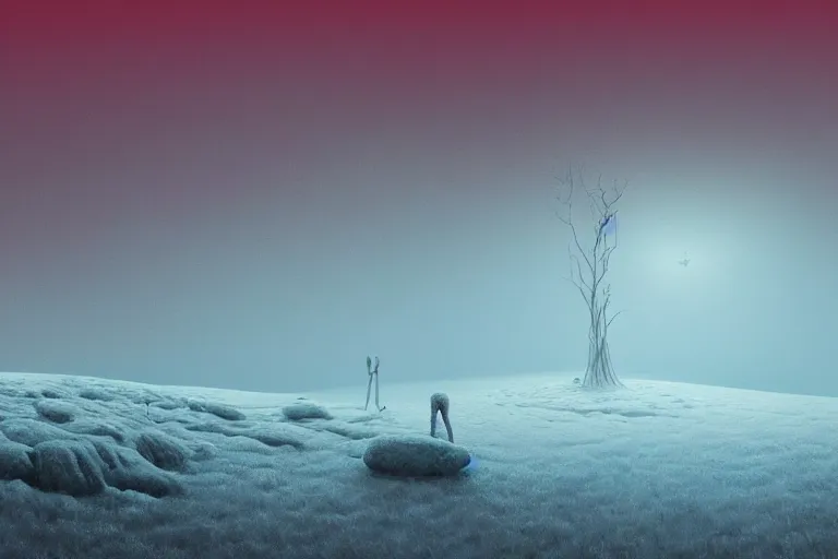 Image similar to a hd render of a surreal frozen landscape, cinematic lighting, by beeple and zdzisław beksinski, red color scheme