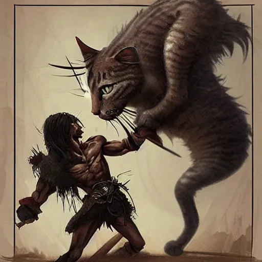 Image similar to highly detailed fantasy art of a weak and skinny conan the barbarian fighting a malnourished kitten