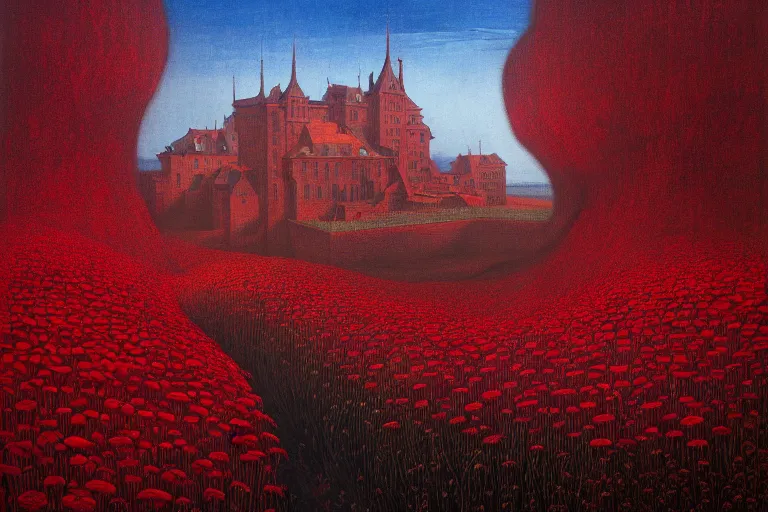 Image similar to only with red, red flowers of different types, a red tiger, a castle in the background, medieval demons dance over the flowers, an ancient path, in the style of beksinski, part by hopper, part by rodcenko, part by hofbauer, intricate composition, red by caravaggio, insanely quality, highly detailed, masterpiece, red light, artstation