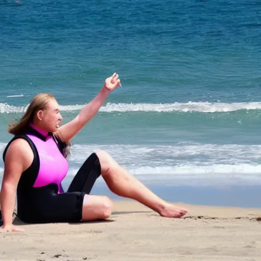 Prompt: most inflated woman on beach wearing wetsuit