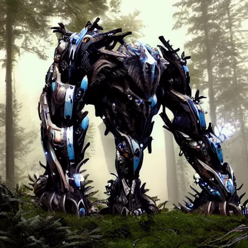 Prompt: realistic mech beast cyber fantasy magitech creature out in the woods