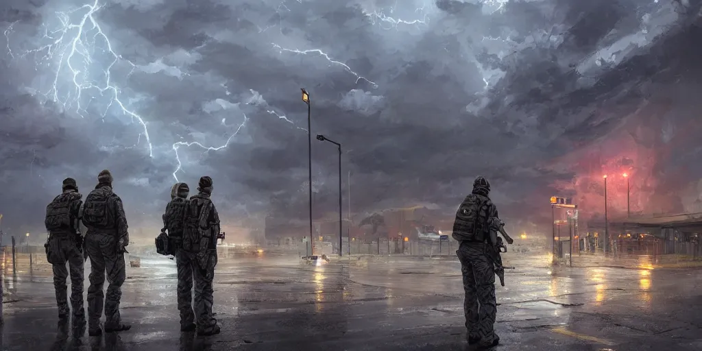 Image similar to private military company operatives standing outside immigration check point with severe weather storms behind, cinematic, realistic, detailed, intricate, digital art, ambient lightning, by jordan grimmer, industrial art style, 3 5 mm film grain, artstation