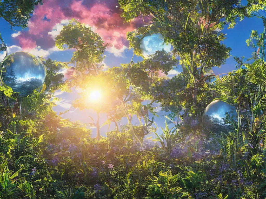 Prompt: sunlight study, the universe is a spheroid region 7 0 5 meters in diameter of kauai wildflower undergrowth, art nouveau, by maria sibylla merian and ( ( ( ( ( lisa frank ) ) ) ) ), 8 k, sharp focus, octane render