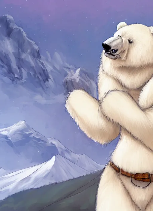 Image similar to award winning beautiful portrait commission art of a female male furry anthro polar bear fursona with a cute beautiful attractive detailed furry face wearing a summer dress at a mountain cabin. Kemono Character design by Dangan. t