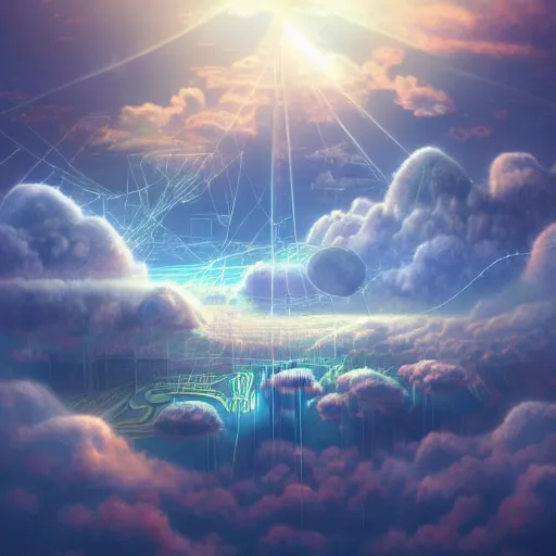 Image similar to this is a beautiful surreal scenery artwork from pixiv. it includes gigantic living inside network of cloud computing material, cloud buildings with internal computer infinites. god lighting, rays, sublimely cold color palette. insanely detailed, artstation!! pixiv!! infinitely detailed