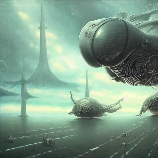 Prompt: Alien spaceships, Studio Ghibli, Thomas Kinkade, Zdzisław Beksiński, Tim Burton, biopunk, dieselpunk