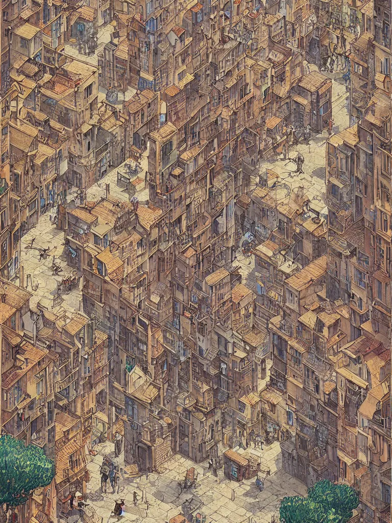 Image similar to isometric view illustration of a medieval Marseille street corner, highly detailed, mid day by Victo Ngai and Bruce pennington