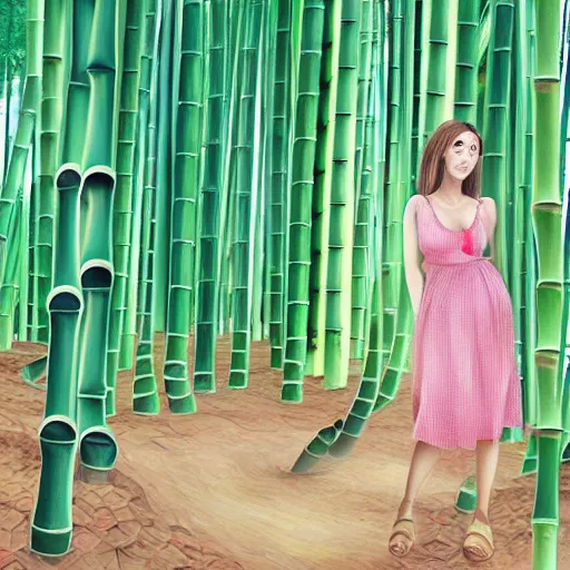 Prompt: A giantess with a beautiful face,green eyes,cute nose and pink lips, wearing a sundress and sandals, walking in a bamboo forest ,detailed body and eyes,proper anatomy, bamboo forest in the background, beautiful lighting,,digital art , highly detailed , high contrast, beautiful lighting, award winning , trending on art station, 8k, photo realistic,unreal engine 5