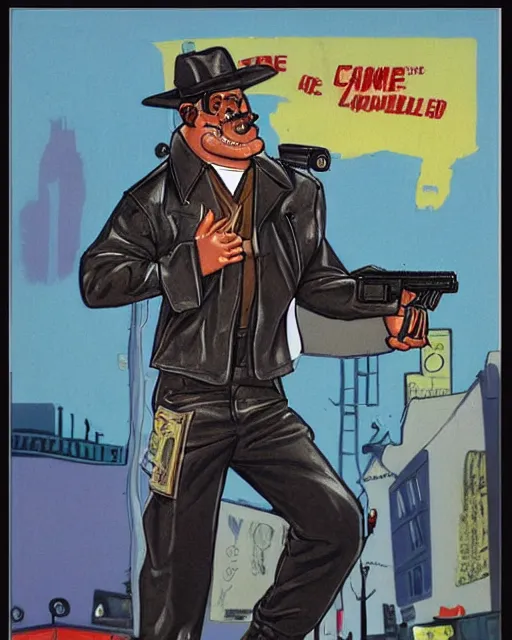 Image similar to detective with gun in leather jacket, los angeles city street, artwork by ralph bakshi