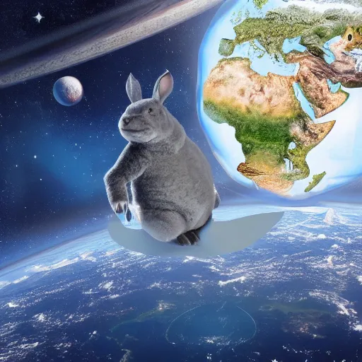 Image similar to photo of big chungus in space next to the planet Earth, realistic highly-detailed