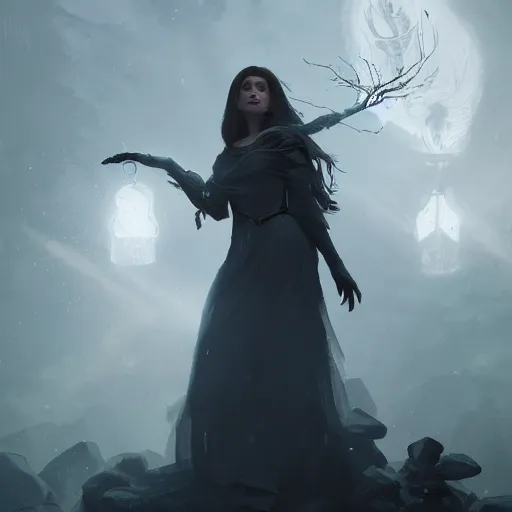 Image similar to Portrait of a gorgeous witch surrounded by magic and energy, sharp, 4k, cinematic lighting, in the style of Greg Rutkowski and James Gurney