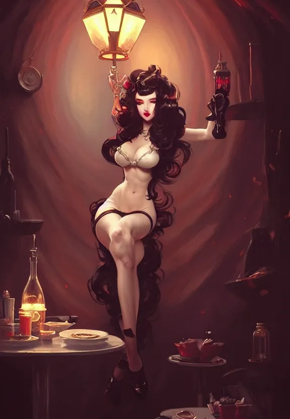 Image similar to Attractive necromancer waitress of a small 50’s style diner, fantasy magic, dark pin-up style hair, dark light night, intricate, elegant, sharp focus, illustration, highly detailed, digital painting, concept art, matte, art by WLOP and Artgerm and Greg Rutkowski and Alphonse Mucha, masterpiece