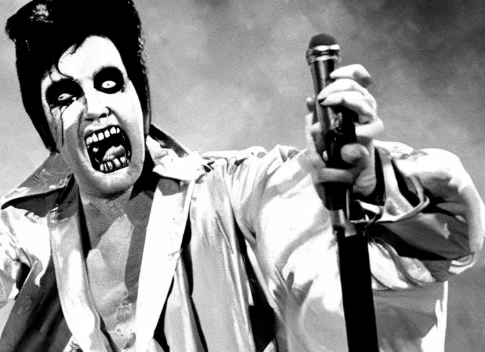 Prompt: Creepy found footage of zombie Elvis performing on stage in an empty stadium