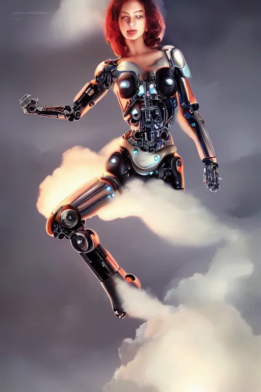 Image similar to a (cyborg) woman floats in the air surrounded by a mechanical hand-shaped cloud of smoke by Artgerm