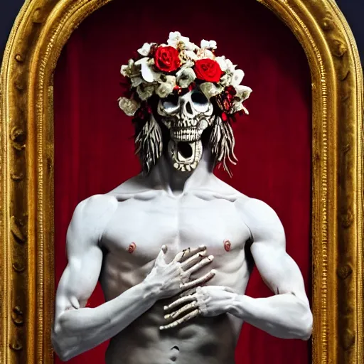 Image similar to a man in the form of a Greek sculpture with a mask in the form of a skull and wreath of flowers skulls in hands dressed in a biomechanical dress, red white and gold color scheme, baroque, by Michelangelo