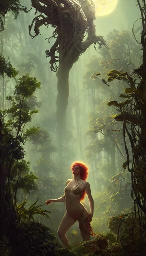 Image similar to hyper realistic alien, lush plants, full moon, light rays, gnarly trees by tom bagshaw, mucha, gaston bussiere, craig mullins, j. c. leyendecker 8 k