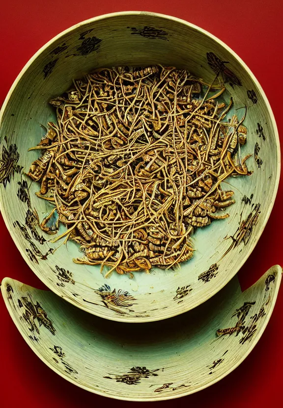 Prompt: a china bowl filled with insect larvae, there are larvae and nymphs everywhere, bananas, detailed and intricate environment, hyperrealism, food photography, rembrandt