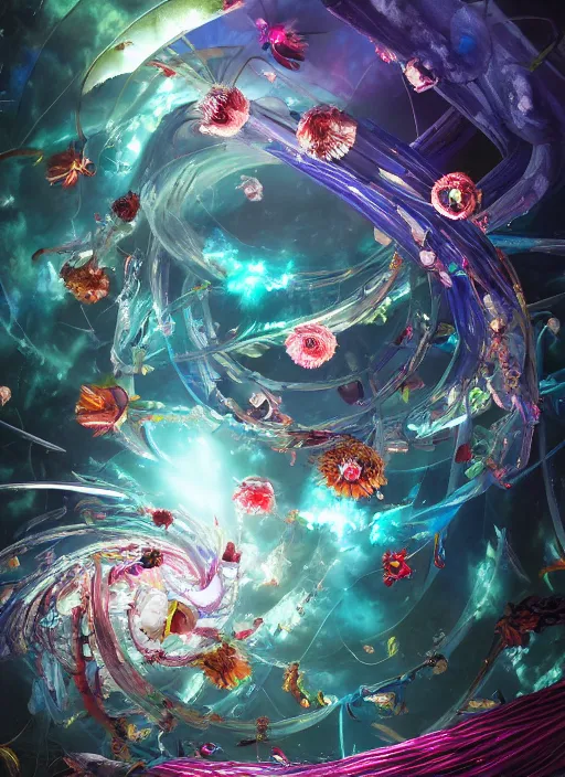 Image similar to An epic fantastic realism comic book style painting of the most beautiful spiraling entwined flowers launched exquisitely across the bright spinning universe, floating bouquets, fisheye, perfect shiny iridescent silver spheres, unreal 5, DAZ, hyperrealistic, octane render, dynamic lighting