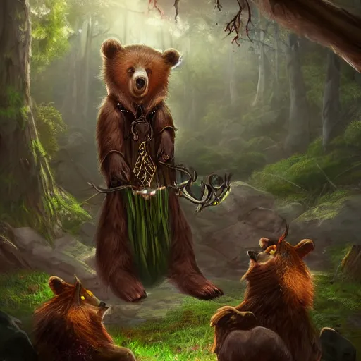 Image similar to elven druid summoning bears in the forest, d & d inspired, trending on artstation, ultra fine detailed, hyper detailed, hd, concept art, digital painting