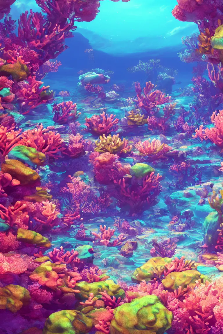 Prompt: mesmerizing underwater neon coral bioluminescent reef landscape magical realism painting with sun rays coming from above, neon pastel colors, octane render, maya, cinema 4d