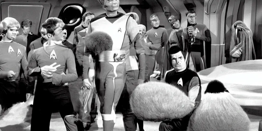 Prompt: a scene from Trouble with Tribbles, an episode of the original Star Trek series, with The Hulk in Starfleet uniform, in the role of Captain Kirk