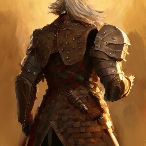 Prompt: full body rear side portrait of a muscular, grim, ponytail haired blonde man in his late 30's with only one arm armored, wearing a thick brown leather coat, looking to his side, hunter, DnD character, fantasy character, digital art by Ruan Jia, Krenz Cushart, Rossdraws