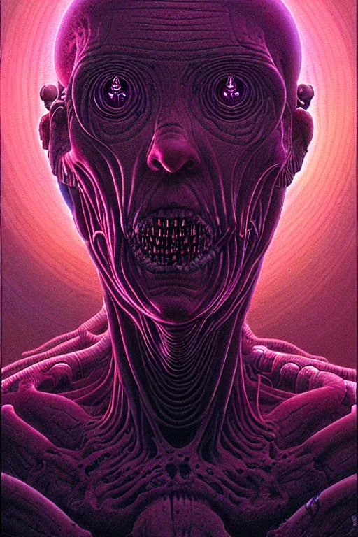 Image similar to a scifi illustration, a godlike ai awakens to the horror of its creators by thomas ligotti and wayne barlowe