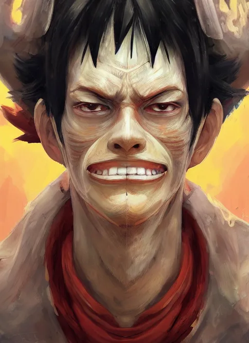 Prompt: a professional digital painting of luffy, beautiful bone structure, symmetrical facial features, intricate, elegant, concept art, sharp detail, focused, illustration, smooth render, art style by Ruan Jia and Mandy Jurgens and Ian Spriggs and William-Adolphe Bouguerea