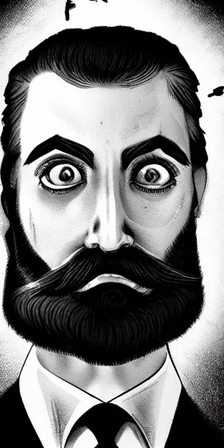 Image similar to very detailed unsettling and dramatic vintage poster of a short bearded hypnotist, with the theme of the nature of reality and the metaverse, very artistic, artstation