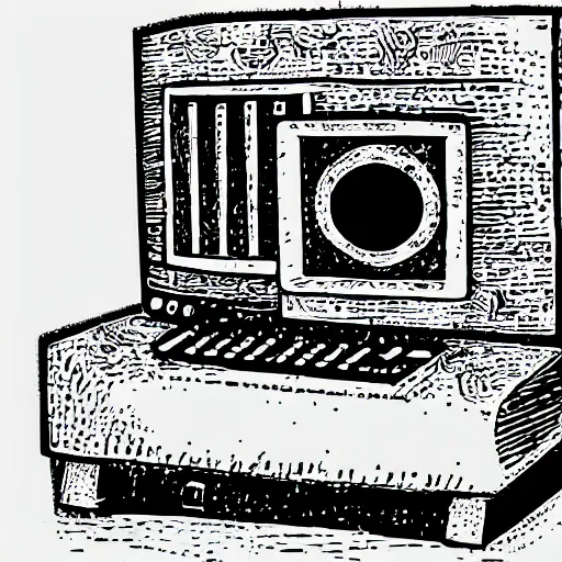 Image similar to linocut of a happy computer