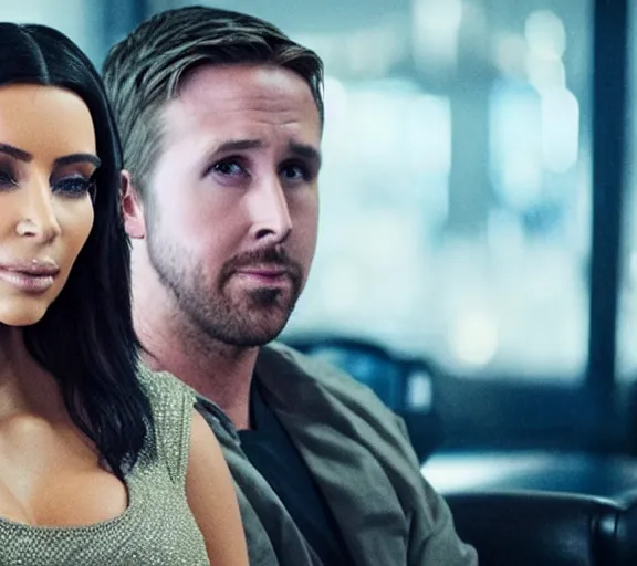 Image similar to a movie still of kim kardashian sitting with ryan gosling in the movie blade runner 2 0 4 9