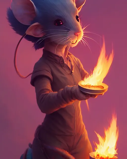 Image similar to highly detailed vfx portrait of a cute little rat casting fire magic, unreal engine, greg rutkowski, loish, rhads, beeple, makoto shinkai and lois van baarle, ilya kuvshinov, rossdraws, tom bagshaw, alphonse mucha, global illumination, detailed and intricate environment