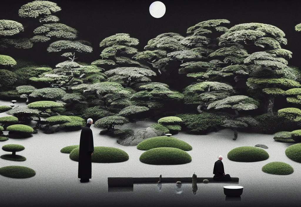 Prompt: a lone priest tending a zen garden kyoto, japan, a collage painting, in the style of wes anderson, lola dupre, david hockney, isolated on negative white space background dark monochrome fluorescent neon spraypaint accents volumetric octane render