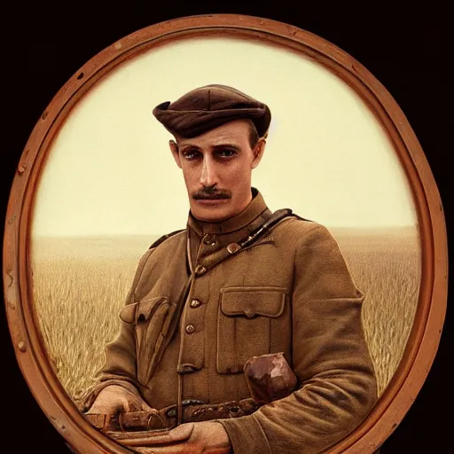 Image similar to a detailed photorealistic sepia - toned color portrait painting of a 1 9 1 7 worried clean - shaven british lieutenant in field gear in north arabia examining an ancient cylindrical clay jar, ultra realistic, intricate details, atmospheric, dark, horror, brooding, highly detailed, by clyde caldwell