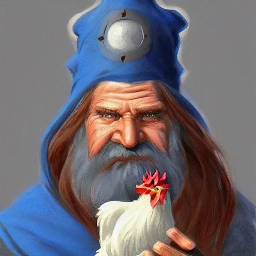 Prompt: concept art character design portrait of wizard with a long white beard and a wizard hat holding a pet chicken, wearing a blue robe, dungeons and dragons, by Larry Elmore and John Howe and Alan Lee, trending on ArtStation, detailed, realistic
