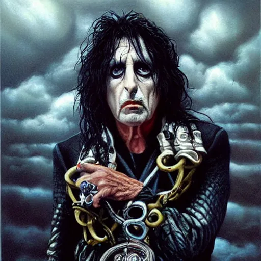 Image similar to a hyperrealistic painting of Alice Cooper as a boss in Elden Ring by Jason Edmiston,