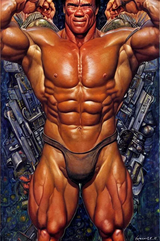 Image similar to character art the contra, bill rizer, arnold schwarzenegger, by karol bak, jean deville, gustav klimt