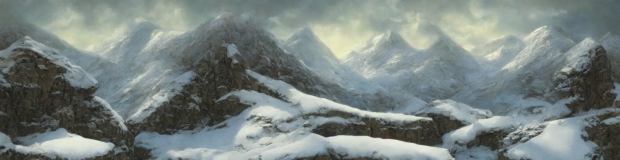 Image similar to beautiful painting of mountain landscape covered in snow by john howe, fantasy