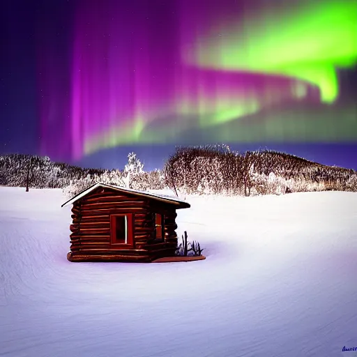 Image similar to a cabin on a hill, snowstorm, winter, smoke rising from the pipe, aurora borealis, alaska, by alex andreev, landscape, high contrast, digital, complementary colors