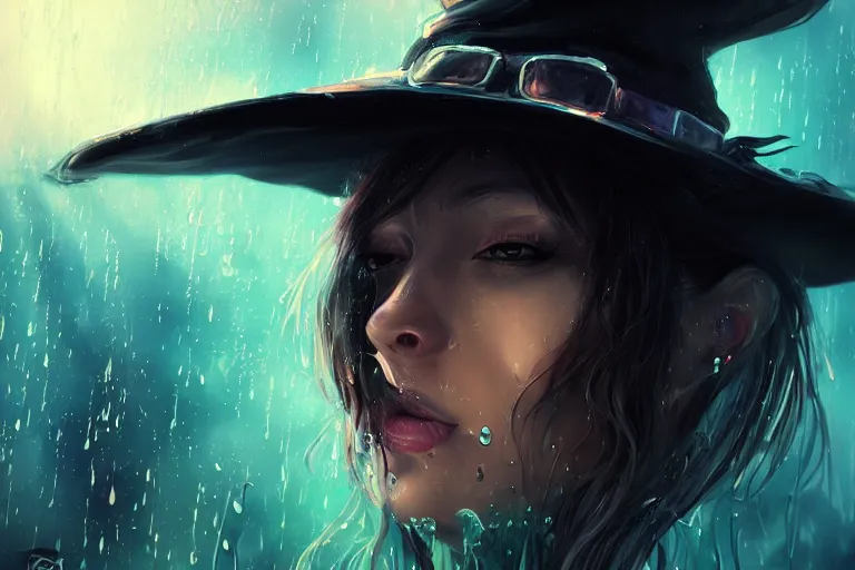 Image similar to a portrait of witch melting in water, rainy background, bright art masterpiece artstation. 8 k, sharp high quality artwork in style of jose daniel cabrera pena, concept art by tooth wu, fanart