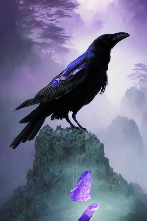 Prompt: portrait of a beautiful one raven perched on purple crystals that are glowing in a misty valley, establishing shot, extremly high detail, foto realistic, cinematic lighting, by yoshitaka amano, ruan jia, kentaro miura, artgerm, post processed, concept art, artstation, raphael lacoste, alex ross