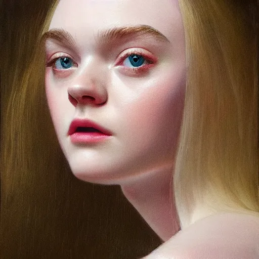 Image similar to Elle Fanning’s face against the mirror, head and shoulders portrait, stormy weather, extremely detailed masterpiece, oil on canvas, low-key neon lighting, artstation, Blade Runner 2049, Roger Deakin’s cinematography, by J. C. Leyendecker and Peter Paul Rubens and Edward Hopper and Michael Sowa,