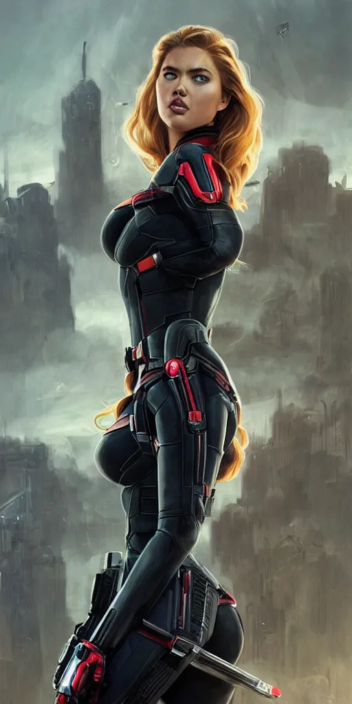 Image similar to portrait of Kate Upton as Black Widow in the Avengers movie, looking at camera, intricate, dystopian, sci-fi, extremely detailed, octane render, digital painting, concept art, smooth, sharp focus, illustration, incredible art by artgerm and greg rutkowski and alphonse mucha and simon stalenhag