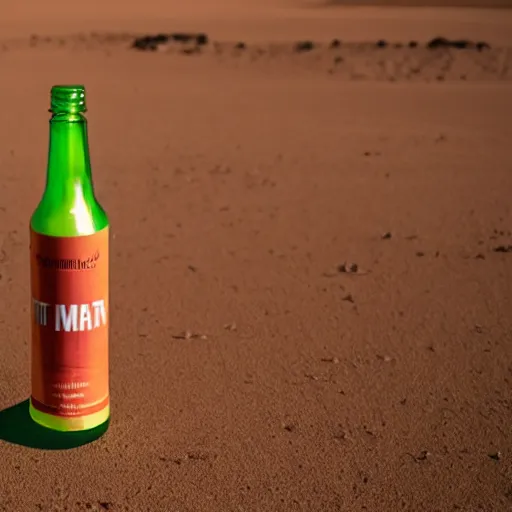 Prompt: symmetrical photo of bottle standing on mars