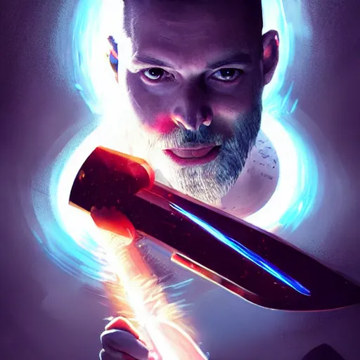 Image similar to A sorcerer wielding a futuristic weapon, digital illustration portrait, gorgeous lighting, wide angle action dynamic portrait, perspective shot, art by Sam Spratt-H 640