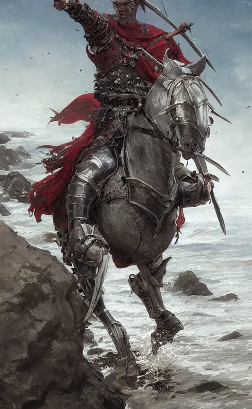 Prompt: medieval knight cutting through a pirate body on a bloody shore, front game card, drark, marvel comics, dark, intricate, highly detailed, smooth, artstation, digital illustration by ruan jia and mandy jurgens and artgerm and wayne barlowe and greg rutkowski and zdislav beksinski