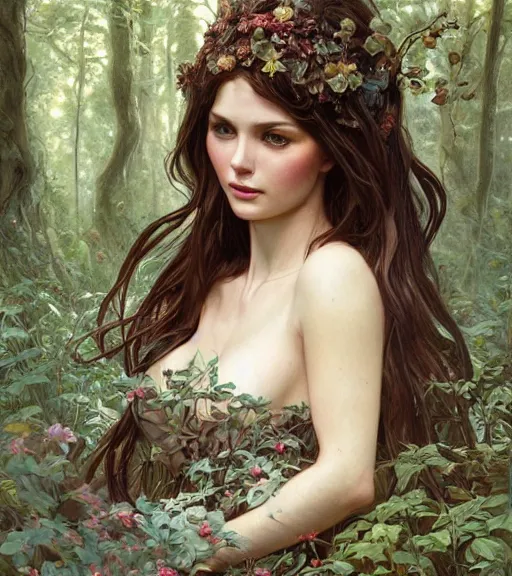 Prompt: beautiful cottagecore brunette woman, intricate, magical forest, stunning, highly detailed, digital painting, artstation, concept art, smooth, sharp, focus, illustration, art by artgerm and greg rutkowski and alphonse mucha