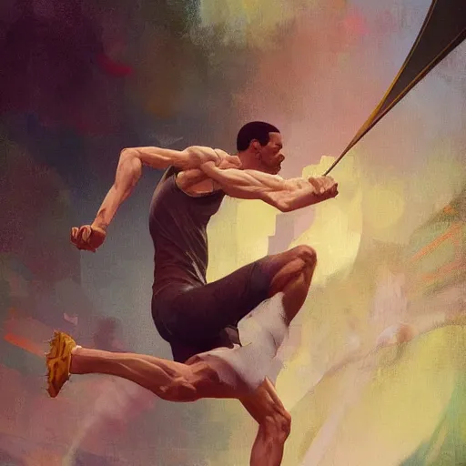 Image similar to cinematic painting of qwop!!!!!!!!!!!!!!!!! running down the track, art by krenz cushart and artem demura and alphonse mucha, kinetic, motion, athletic, running